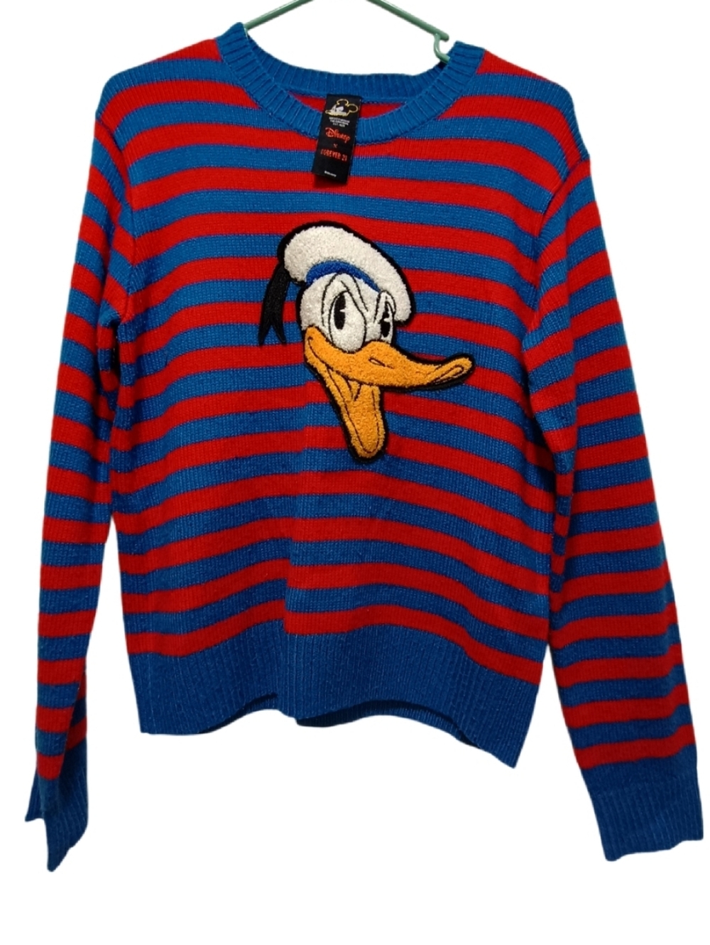 Disney X Forever 21 Blue & Red Striped Donald Duck Crewneck Sweater